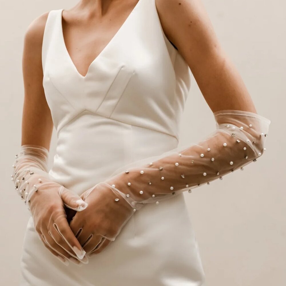 Pearl and Rhinestone Studded Sheer Bridal Gloves